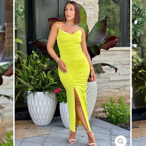 None Dresses & Skirts - Neon lime ruched dress
